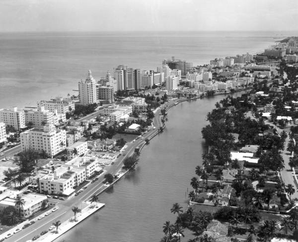 Aerial view with the Atlantic Ocean on the left - Miami, Florida.