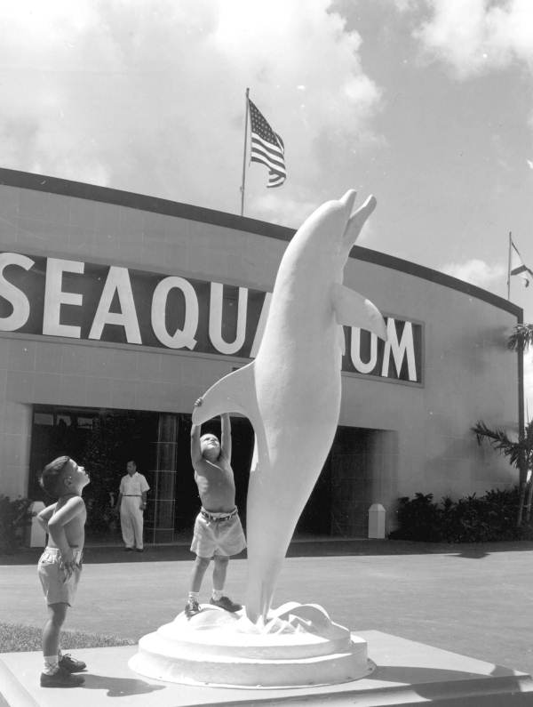 Two boys playing with the dolphin sculpture outside of Miami's Seaquarium.