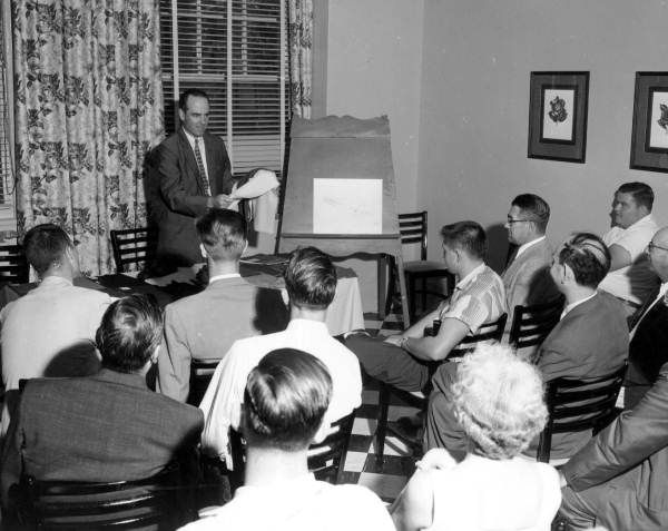 Alden R. Looslie, owner of Cyanamid Company, talking at a press conference - Pensacola, Florida.