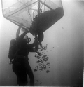 Divers release artifacts from the trap from the Capitana wreck site - Plantation Key, Florida .