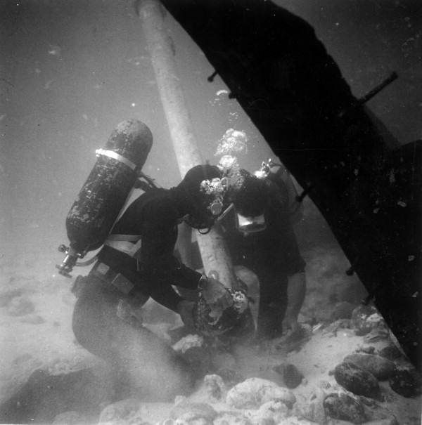 Art McKee and Fred Logan exploring the water's bottom in the Florida Keys - Plantation Key, Florida .