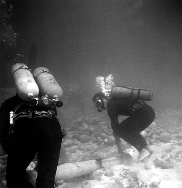 Unidentified men work on wreck site of the Capitana, El Rubi Segundo - Plantation Key, Florida .