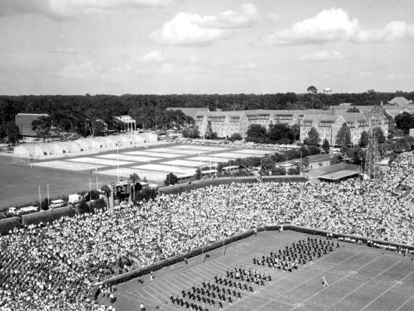 Aerial view of marching band in Florida Field - Gainesville, Florida.