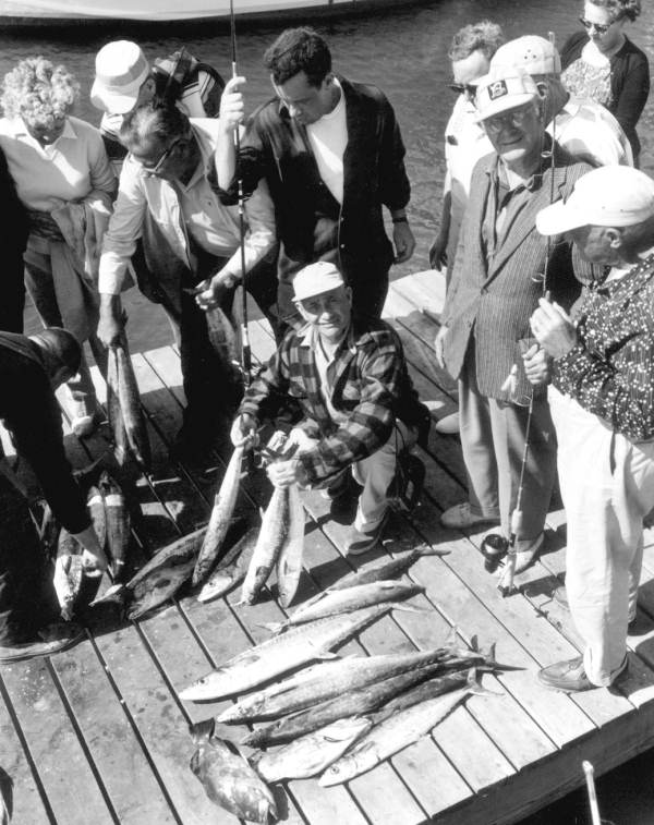 Onlookers stare at several freshly caught kingfish - Riviera Beach, Florida.