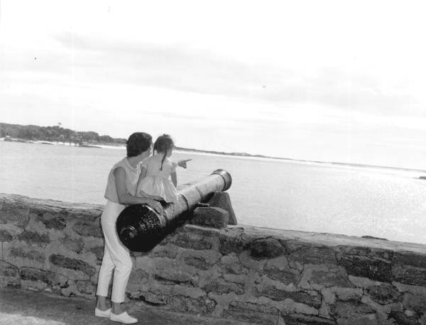A mother and daughter look the scene of Matanzas River from Fort Matanzas