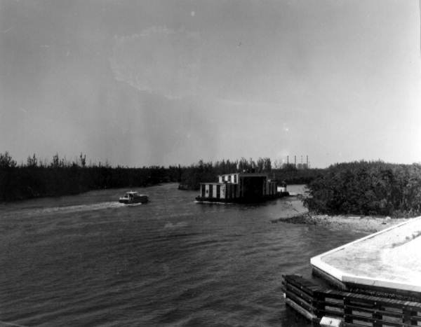 Theater shell is moved across the water - Dania Beach, Florida .