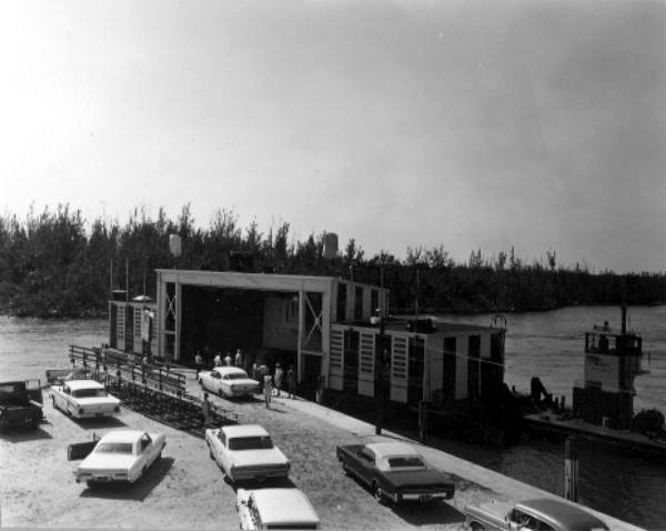 Theater shell is being pulled up to the dock - Dania Beach, Florida .
