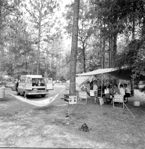 View of people camping at Suwannee River State Park - Suwannee County, Florida.