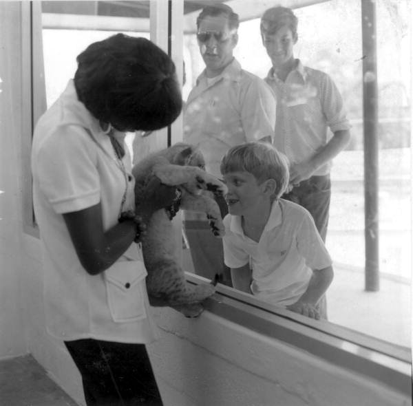 Woman holding lion cub for tourists at the Lion Country Safari zoo