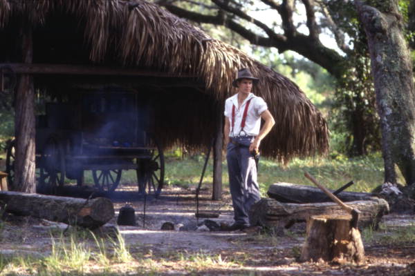 View showing a Florida cowboy in an 1876-era cow camp during a living history demonstration at Lake Kissimmee State Park - Lake Wales, Florida.