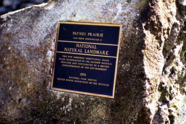National Natural Landmark brass plaque on a rock at Paynes Prairie Preserve State Park - Micanopy, Florida.