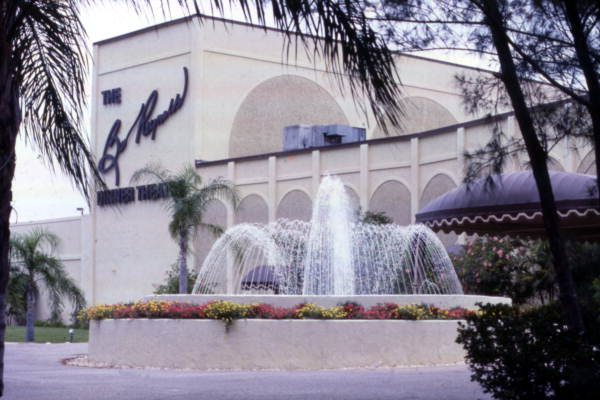 View showing the Burt Reynolds Dinner Theatre with water fountain in foreground - Jupiter, Florida.