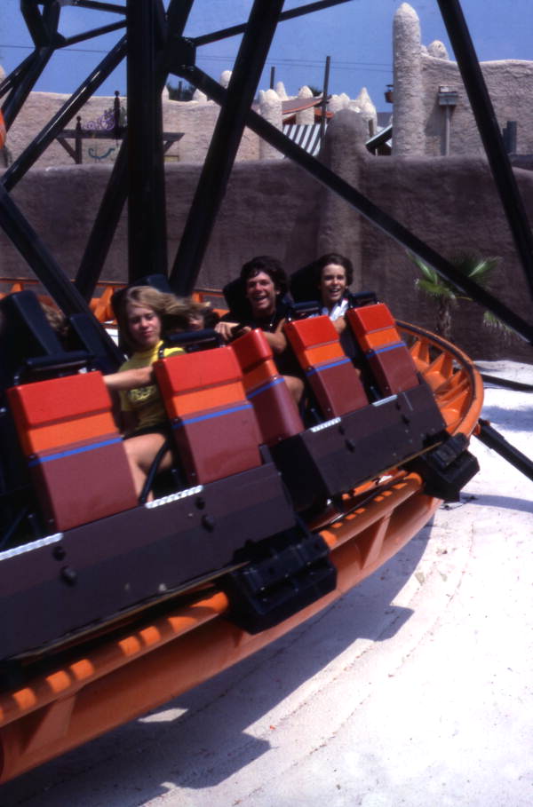 View showing visitors on roller coaster at the Busch Gardens amusement park in Tampa, Florida.