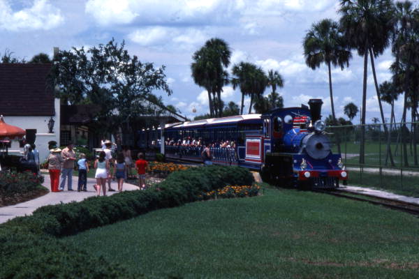 View showing train at the Busch Gardens amusement park in Tampa, Florida.