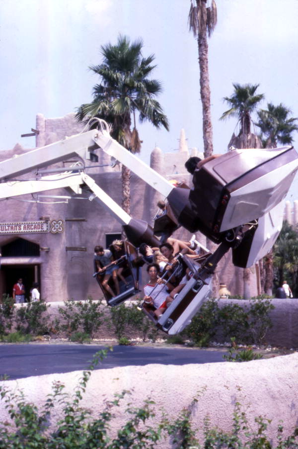View showing visitors on an amusement ride at Busch Gardens in Tampa, Florida.
