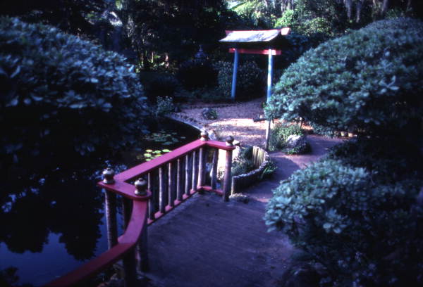View showing footbridge and Torii at the Cypress Gardens theme park in Winter Haven, Florida.
