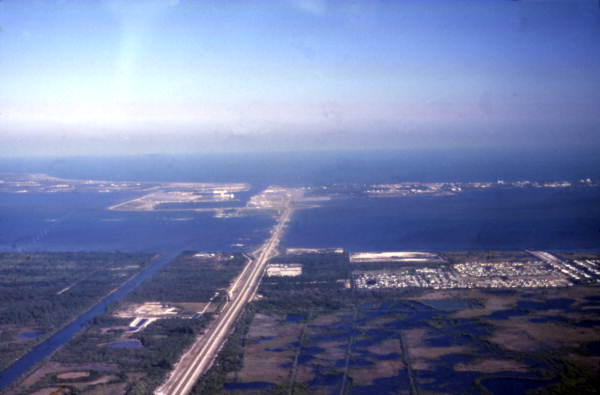 Aerial view looking toward Cape Canaveral, Florida.
