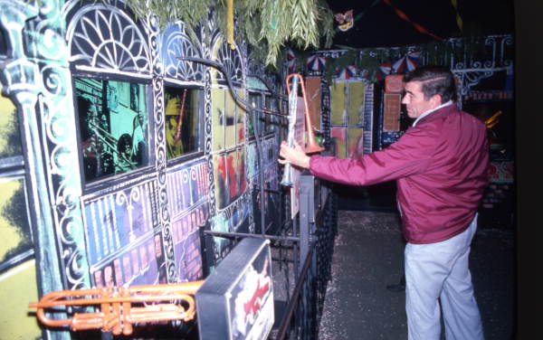 View showing a visitor at the Mystery Fun House attraction in Orlando, Florida.