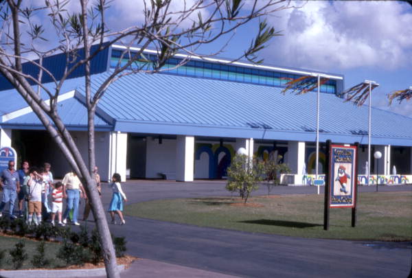 Exterior view of the "Fountain Fantasy" auditorium at the Sea World attraction in Orlando, Florida.
