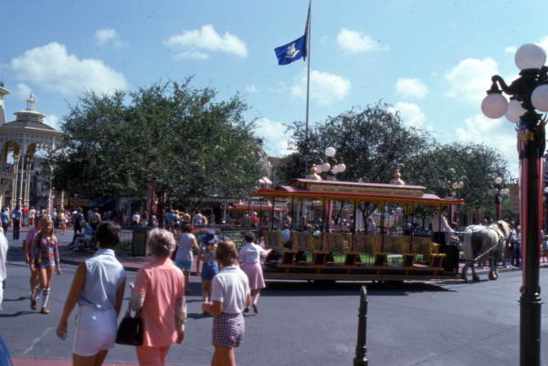 View showing a horse-drawn bus at the Magic Kingdom in Orlando, Florida.