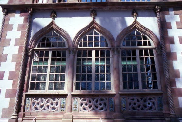 Close-up view of windows at the John and Mable Ringling Museum of Art in Sarasota, Florida.