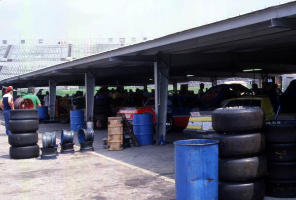 View of garage area at the Daytona International Speedway racetrack.