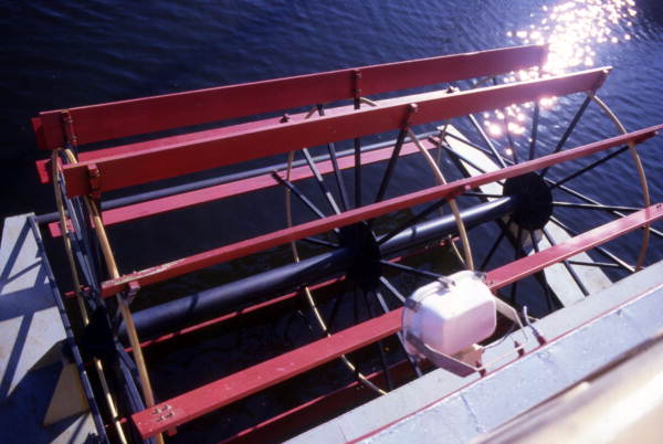 Close-up of the "Dixie Queen" steamboat paddle-wheel.