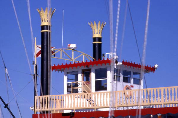 View showing the pilot house aboard the "Dixie Queen" paddle steamer.