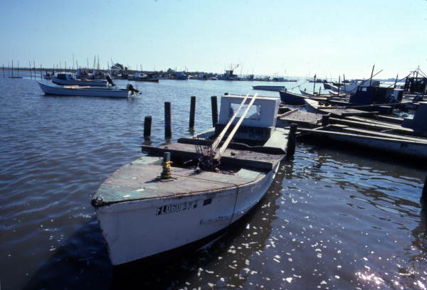Close-up view of an oyster boat at the fishing village of Eastpoint near Apalachicola, Florida.