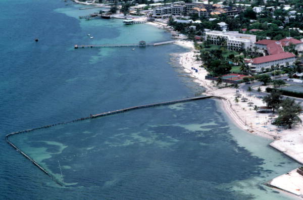 Aerial view looking along the shore in front of the Casa Marina Hotel - Key West, Florida.