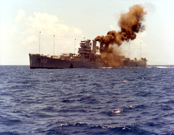 The U.S.S. Wilkes-Barre, following explosions from charges set near her hull.