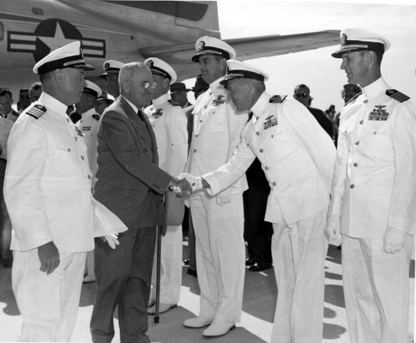 President Truman being greeted by officers upon his arrival at Boca Chica Field of the Naval Air Station - Key West, Florida