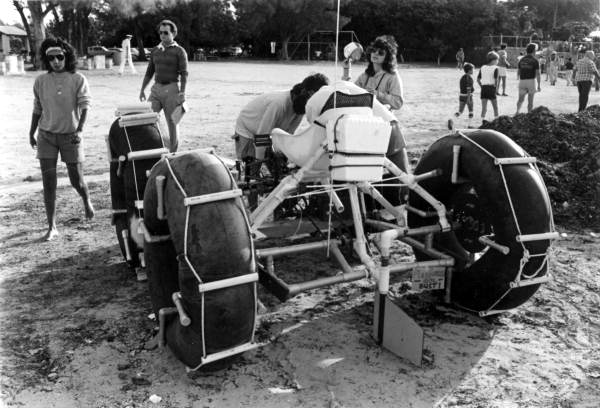 Participants in the 1st Annual Key West Raft Race gather on Monroe Beach, for the start of the race..