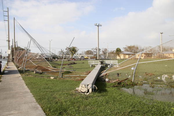 Light pole blown down by Hurricane Wilma at softball field on Kennedy Drive - Key West, Florida.