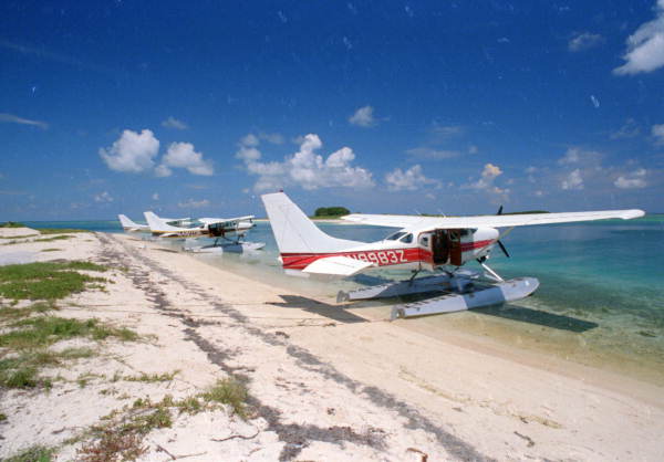 Seaplanes used to transport visitors to Fort Jefferson shown on the beach at Fort Jefferson.