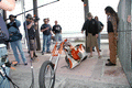 Brandon Baughman talking about his bike to custom bike builder Billy Lane at Boardwalk Chopper and Custom Bike Show