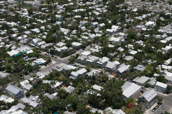 Aerial view showing neighborhood at the Fleming and Grinnell street intersection - Key West, Florida.