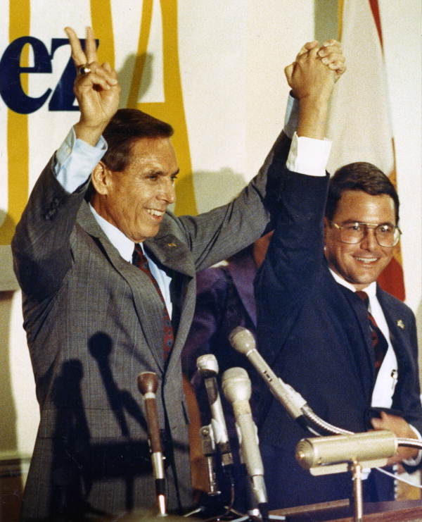 Governor Robert "Bob" Martinez at a news conference with his re-election running mate J. Allison DeFoor - Tallahassee, Florida.
