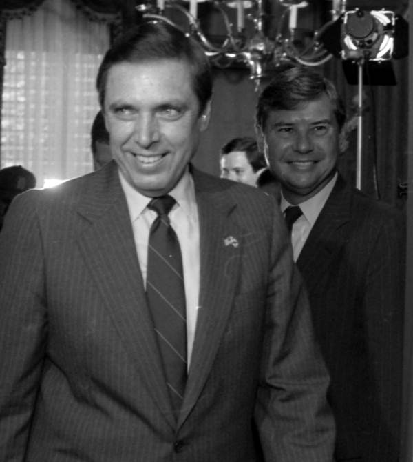 Governor-elect Robert "Bob" Martinez leaving the first face-to-face meeting with Governor Bob Graham in Tallahassee, Florida.