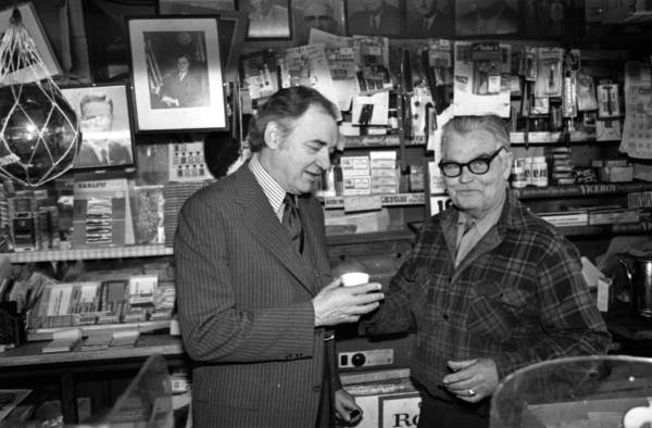 Governor Claude R. Kirk (left) with Rob Roy Ashmore at Ashmore's drugstore in the Frenchtown section of Tallahassee, Florida.