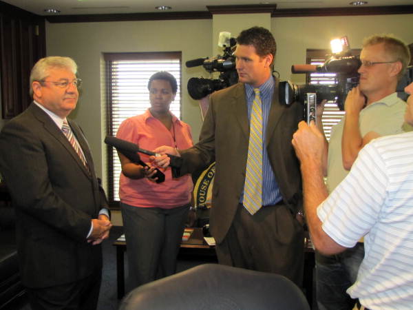 Florida House Speaker Larry Cretul, R-Ocala, talking to members of the press in his office - Tallahassee, Florida.