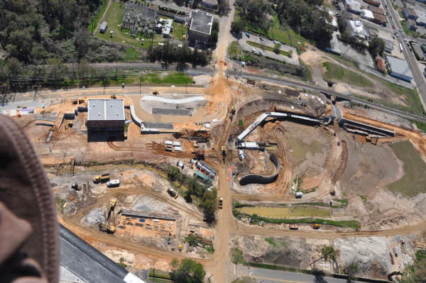 Aerial view looking south over construction at Centennial Field at Cascades Park in Tallahassee, Florida.