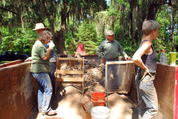 Florida Bureau of Archaeological Research staff assisting with artifact monitoring during cistern excavation at The Grove in Tallahassee, Florida.