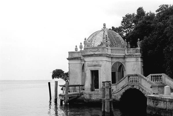 View showing gazebo and footbridge by the garden at Villa Vizcaya in Miami, Florida.