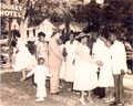 Dorothy Nash Tookes greeting guests in front of her hotel after her son's wedding in Tallahassee, Florida.