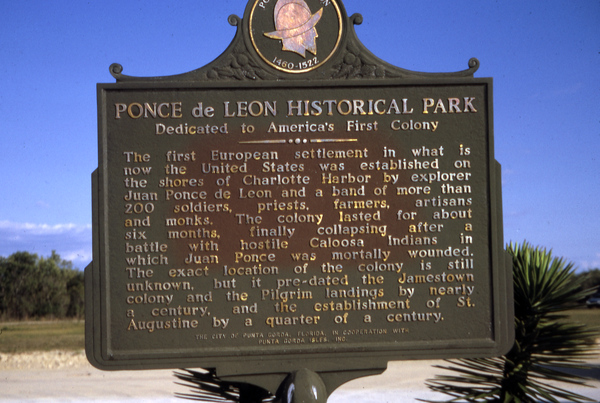Ponce de Leon Historical Park marker dedicated to America's first colony.