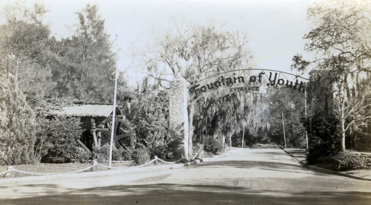 View showing old mill and entrance to the Fountain of Youth attraction in Saint Augustine, Florida.