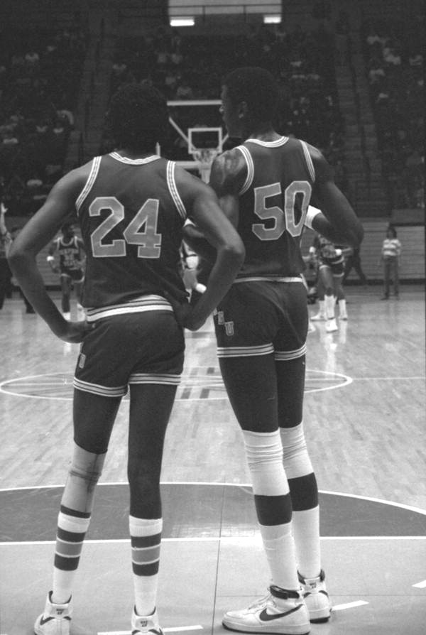 Memphis State University players stand on the court- Tallahassee, Florida.