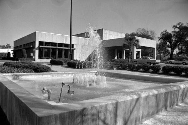 Water fountain and bank on the NE corner of Monroe and Carolina streets in Tallahassee, Florida.