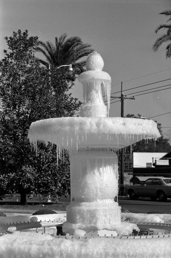 Close up of frozen water fountain at the FSU Westcott Building in Tallahassee, Florida.